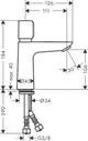 Hansgrohe Waschtischmischer mit Selbstschlussmechanismus und ergonomischen Griff, ausgestattet mit Temperaturregulierung. Zeichnungen zeigen Dimensionen und Anschlussdetails.